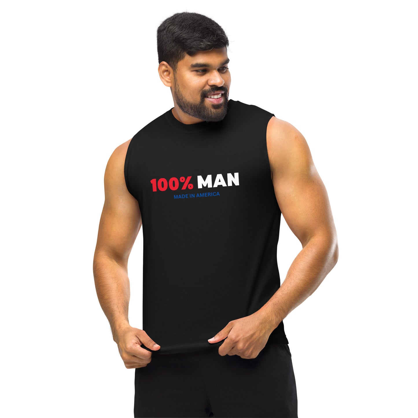 100%  Man USA Muscle Shirt- Red, White & Blue Design