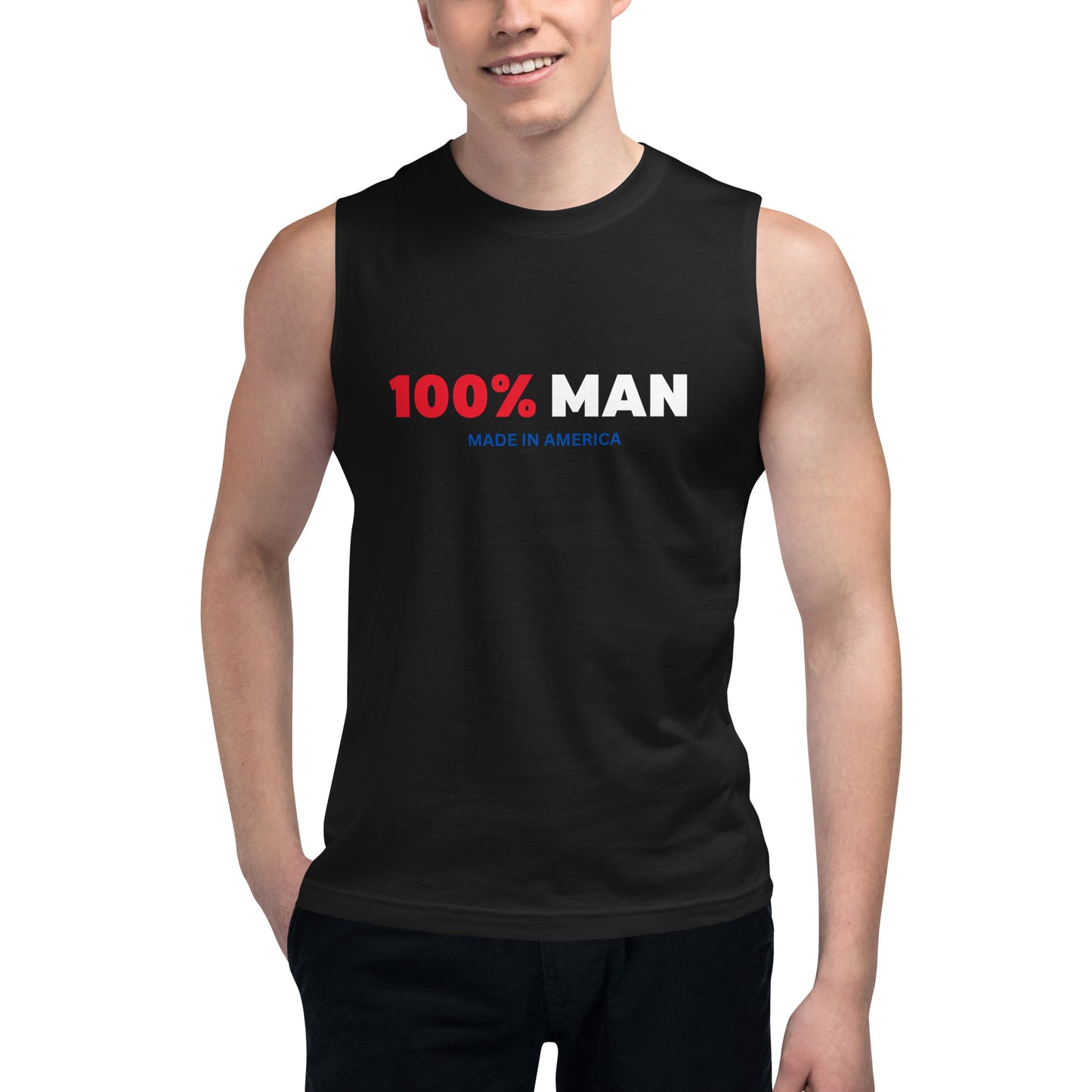 100%  Man USA Muscle Shirt- Red, White & Blue Design