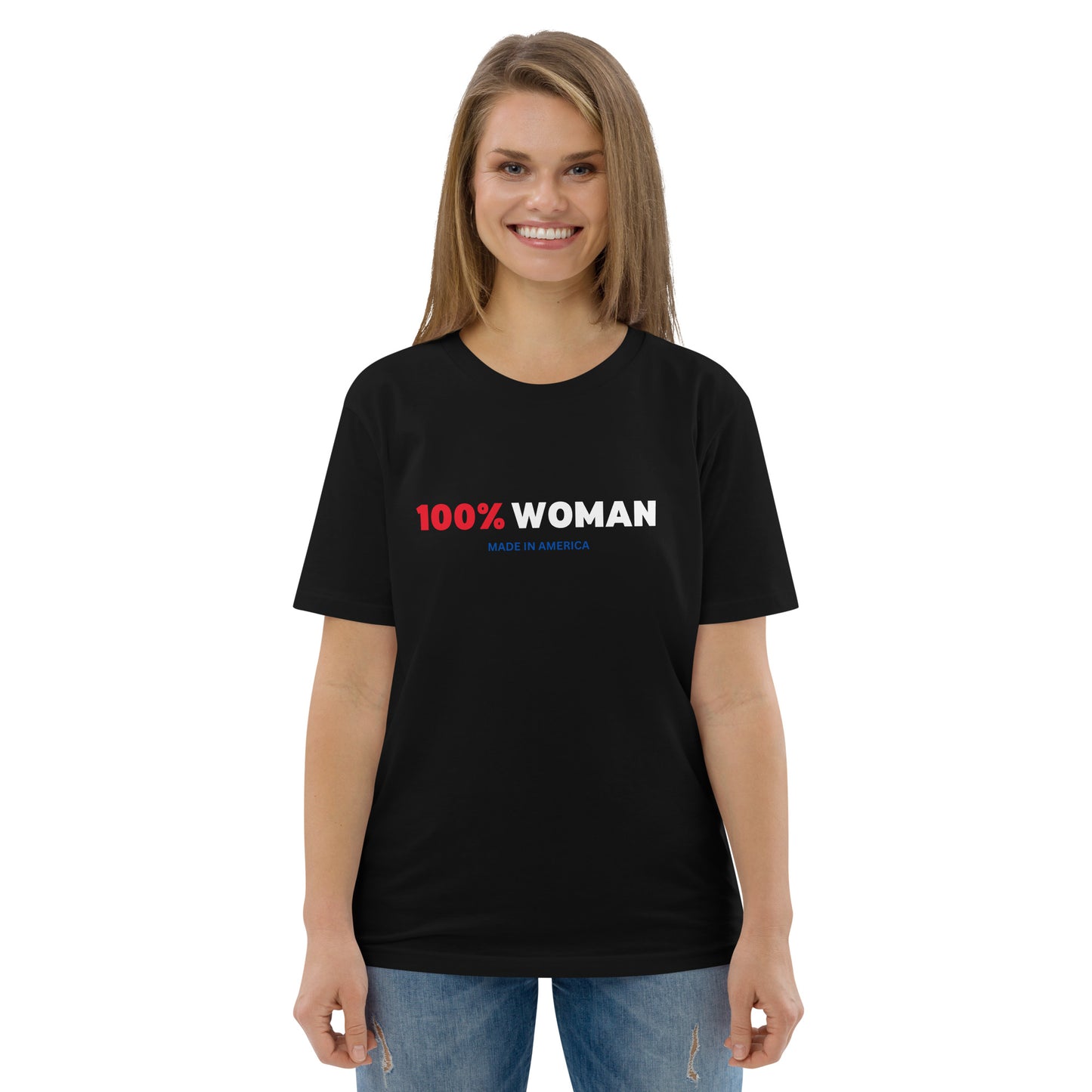 100% Woman USA  Organic T-Shirt- Red, White & Blue Design